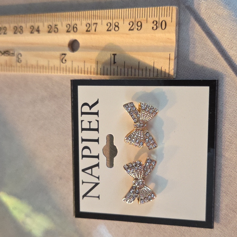Napier Gold Bow Earrings. With Crystals. NWT - Picture 7 of 7